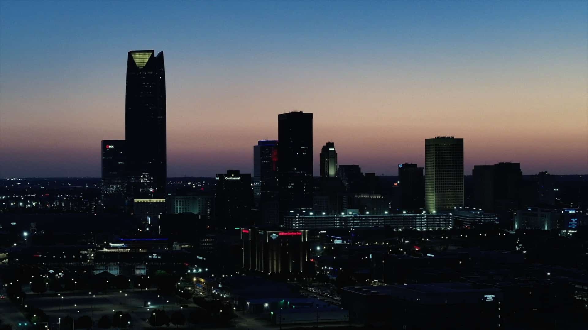 city skyline at sunset